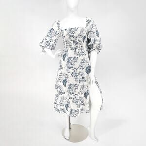 Reformation Gitane Linen Midi Dress Blue White Floral Print Corsica Size L